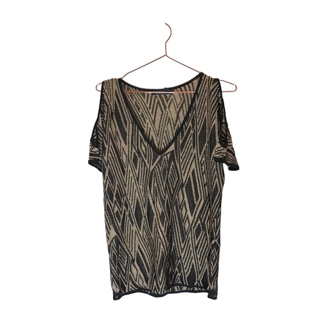 Lauren Ralph Lauren Black and Tan Geometric Cold-Shoulder Top